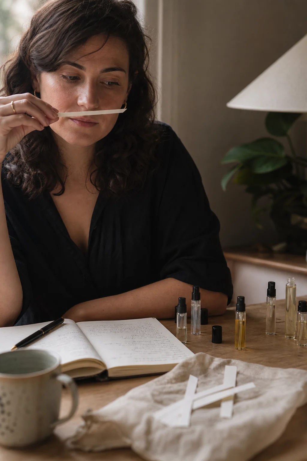 Person arranging small fragrance sample vials beside a notebook at home