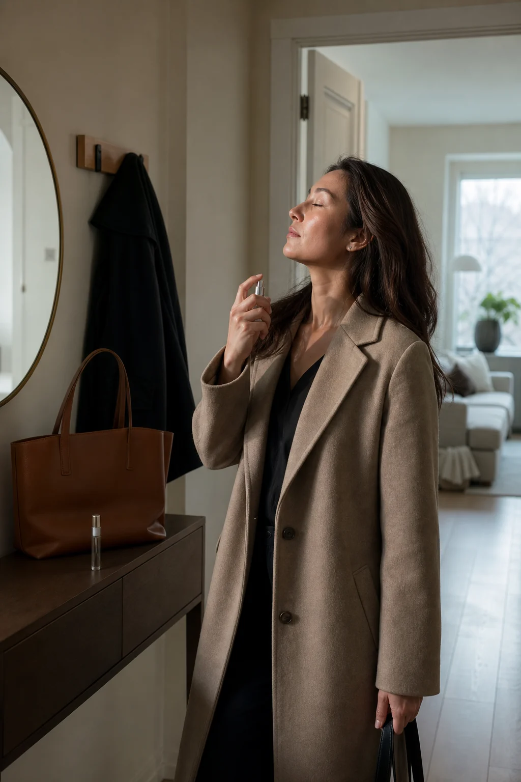 Professional applying a small amount of perfume before leaving for the office