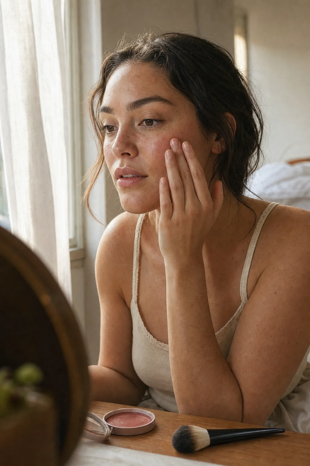 Person tapping cream blush onto cheek beside a vanity window