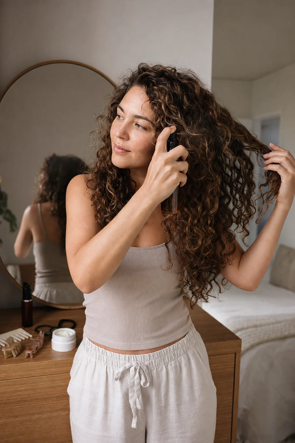 Woman refreshing second-day curls with a spray bottle near a bedroom mirror