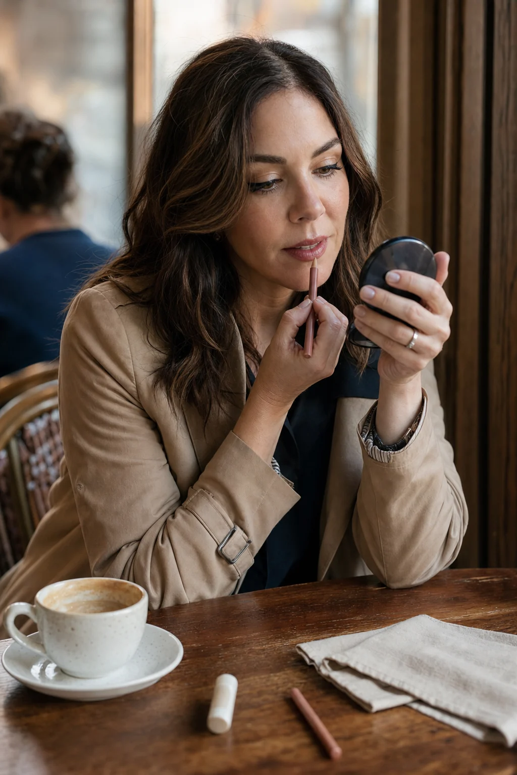 Woman refreshing lip color beside a coffee cup at a cafe table