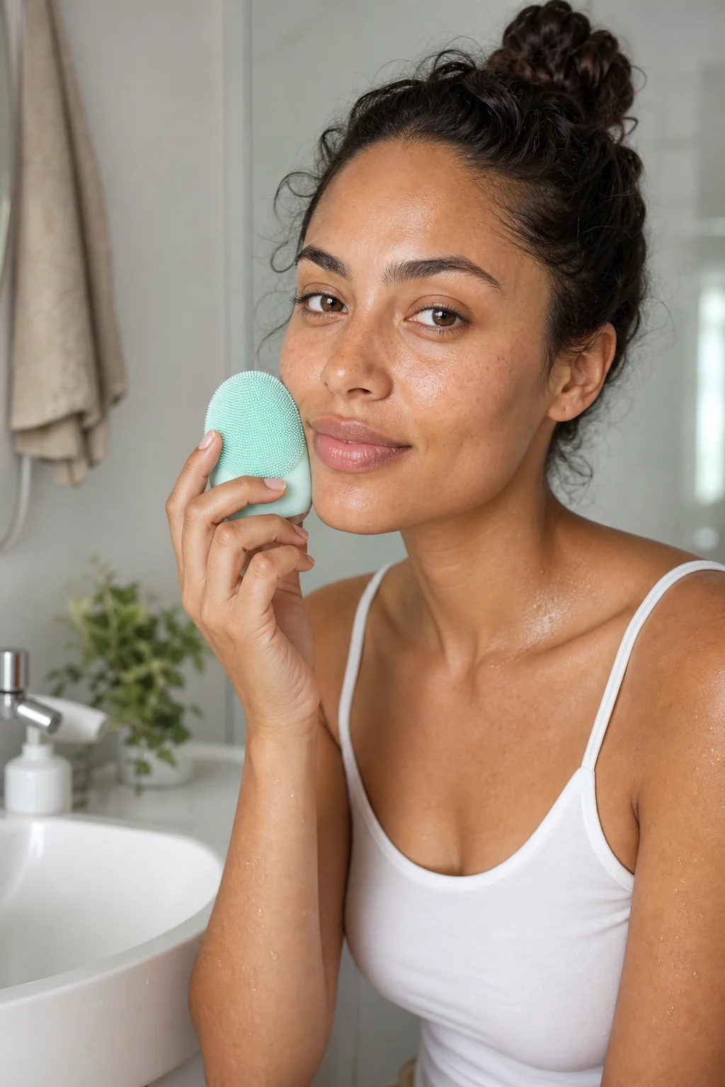 Person considering a soft facial cleansing brush beside a sink