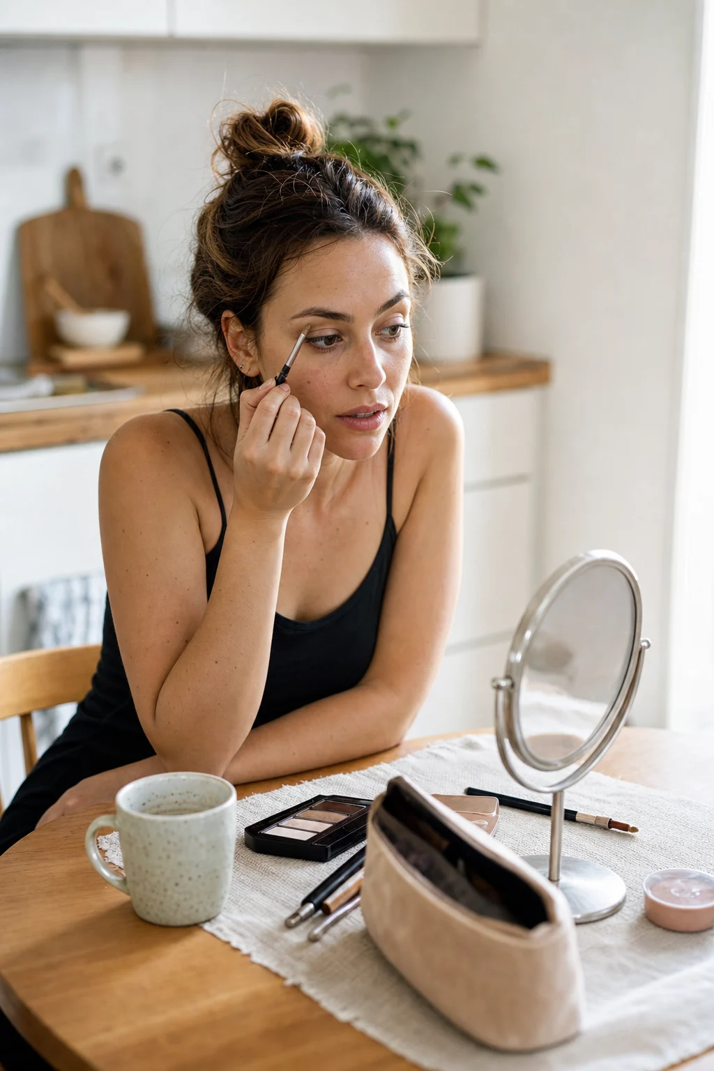 Busy woman applying quick makeup at a kitchen table in morning light
