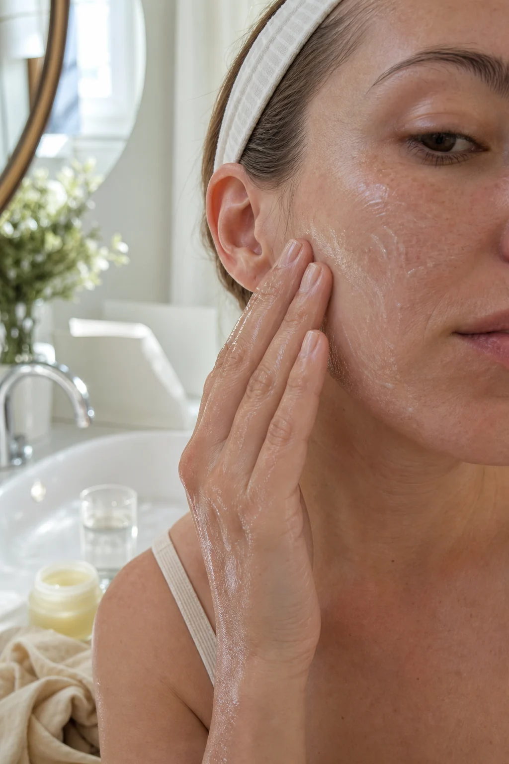Person massaging cleansing balm into skin at a bathroom sink