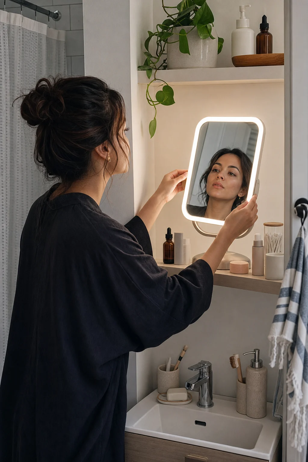 Compact lighted vanity mirror on a narrow apartment bathroom shelf