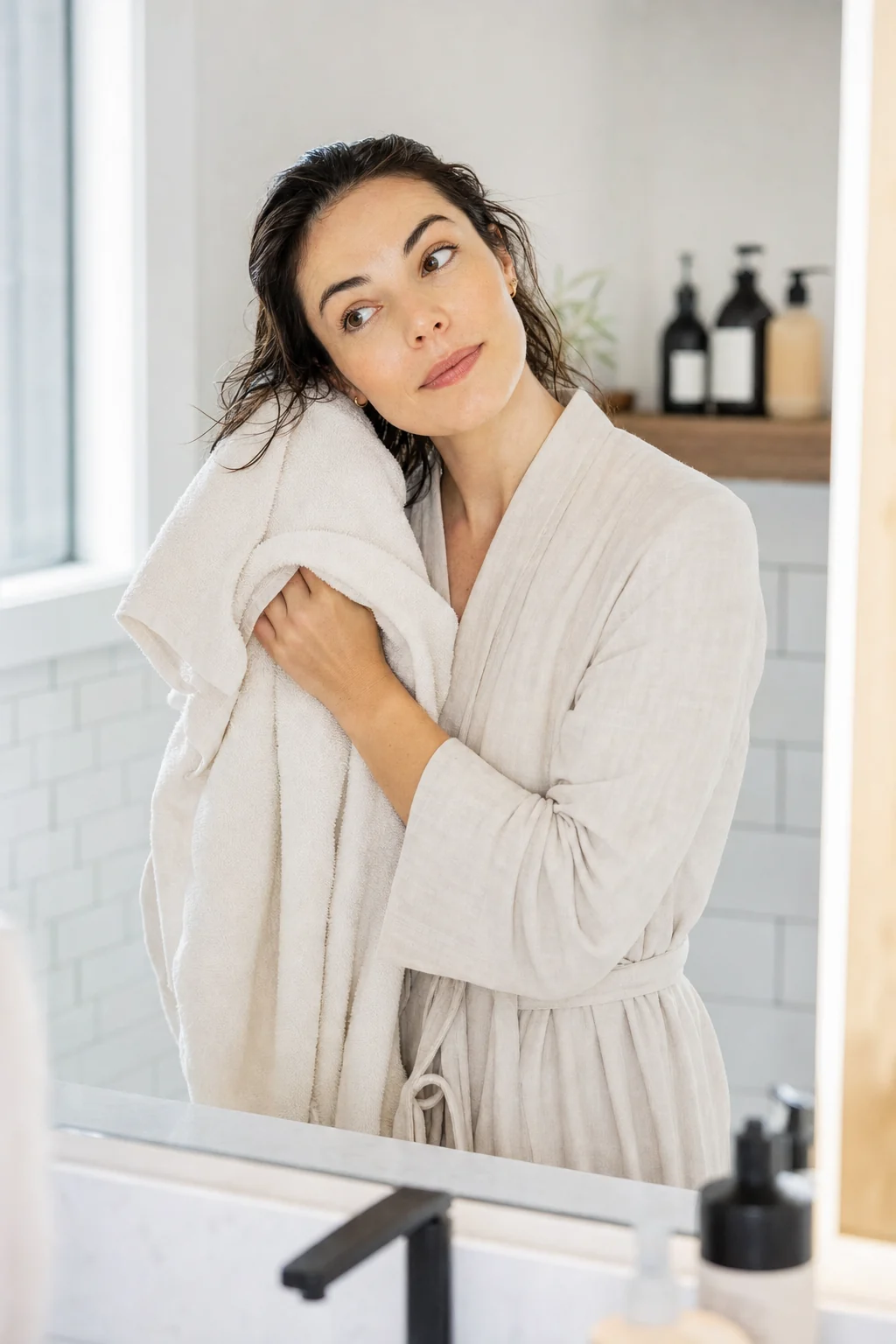 Woman washing fine hair in a bright home shower